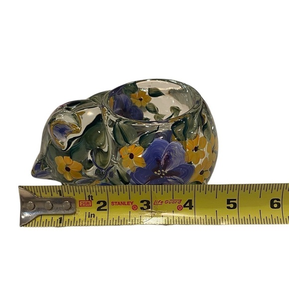 Glass Hand Painted Floral Design Curled Up Sleeping Kitty Cat Candle Holder VTG.